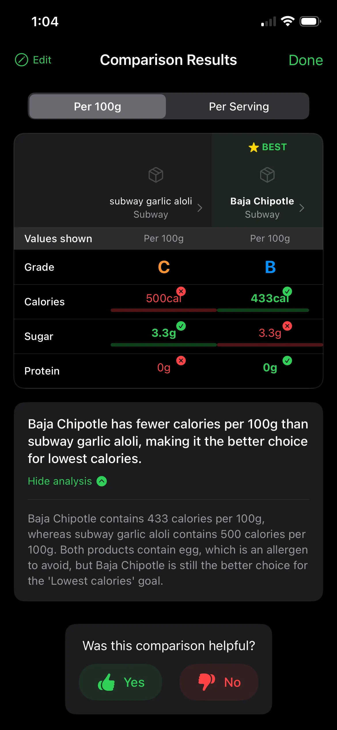 Comparison mode showing up to three products