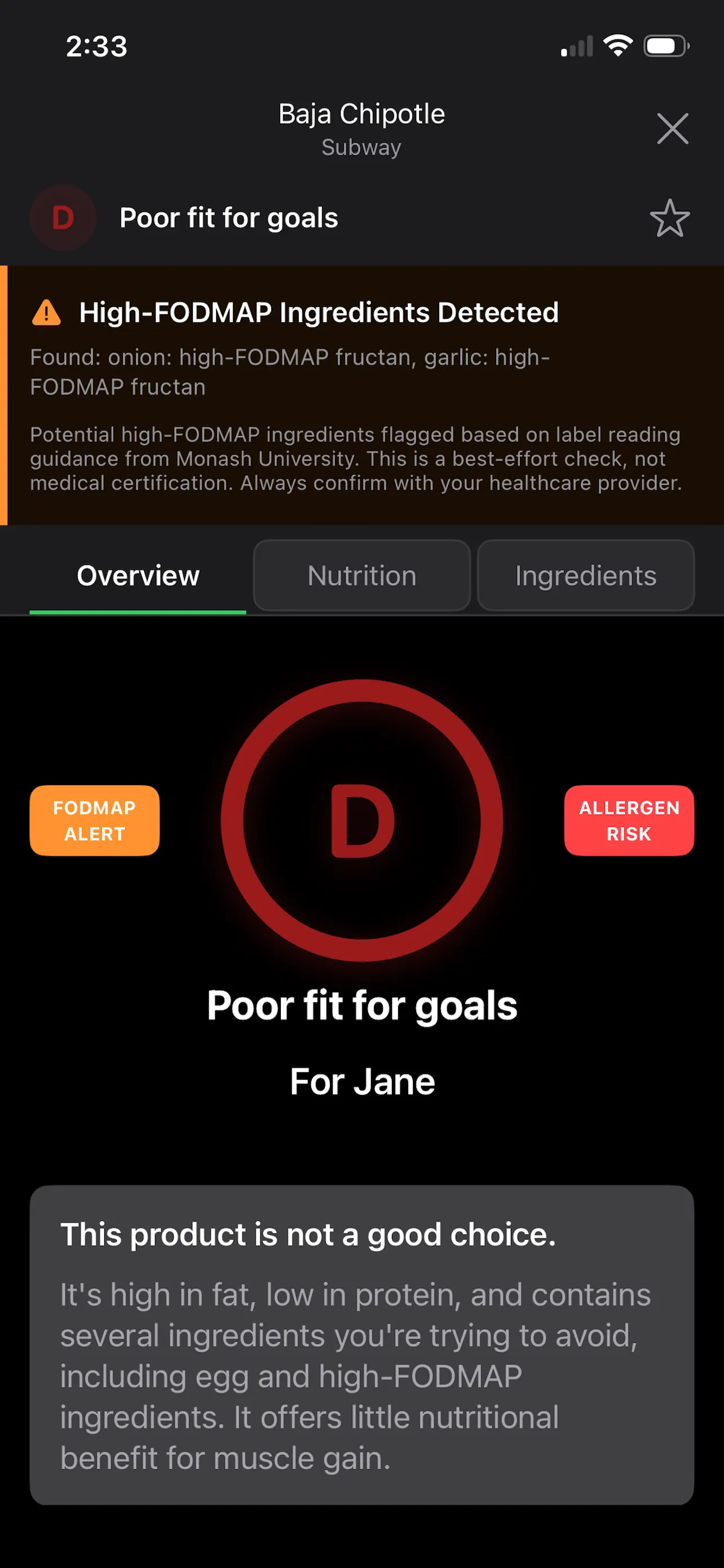 FoodGrader showing allergen and FODMAP warnings on a D grade card
