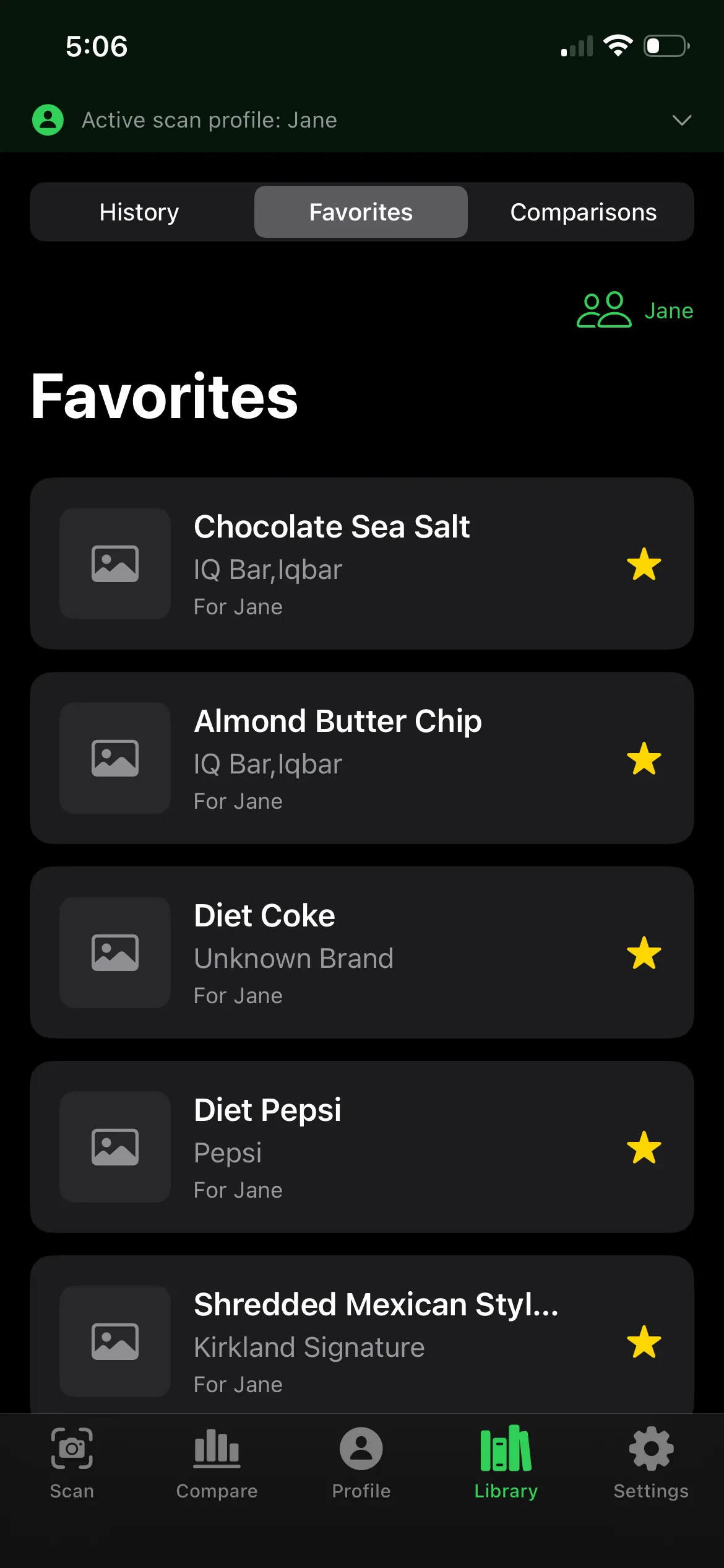 Favorites list inside FoodGrader