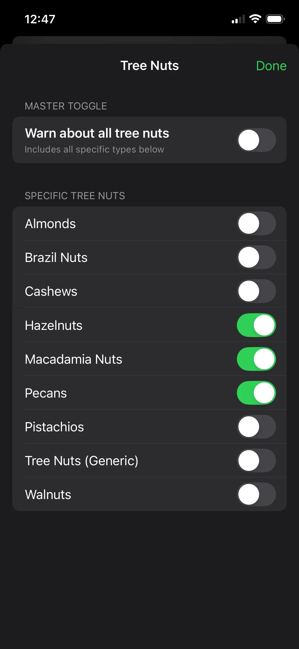 Granular allergen control sheet inside FoodGrader