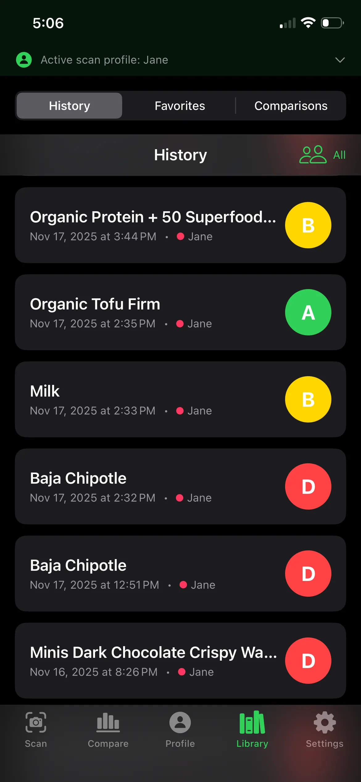 Scan history inside FoodGrader