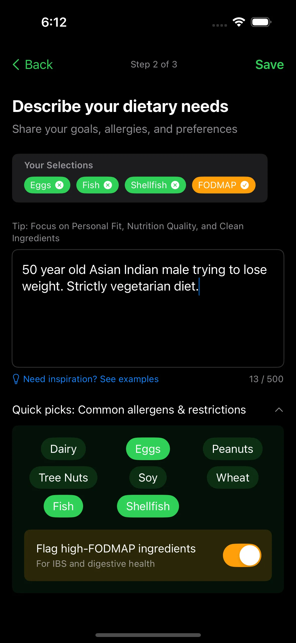 Profile onboarding showing personalized dietary preferences