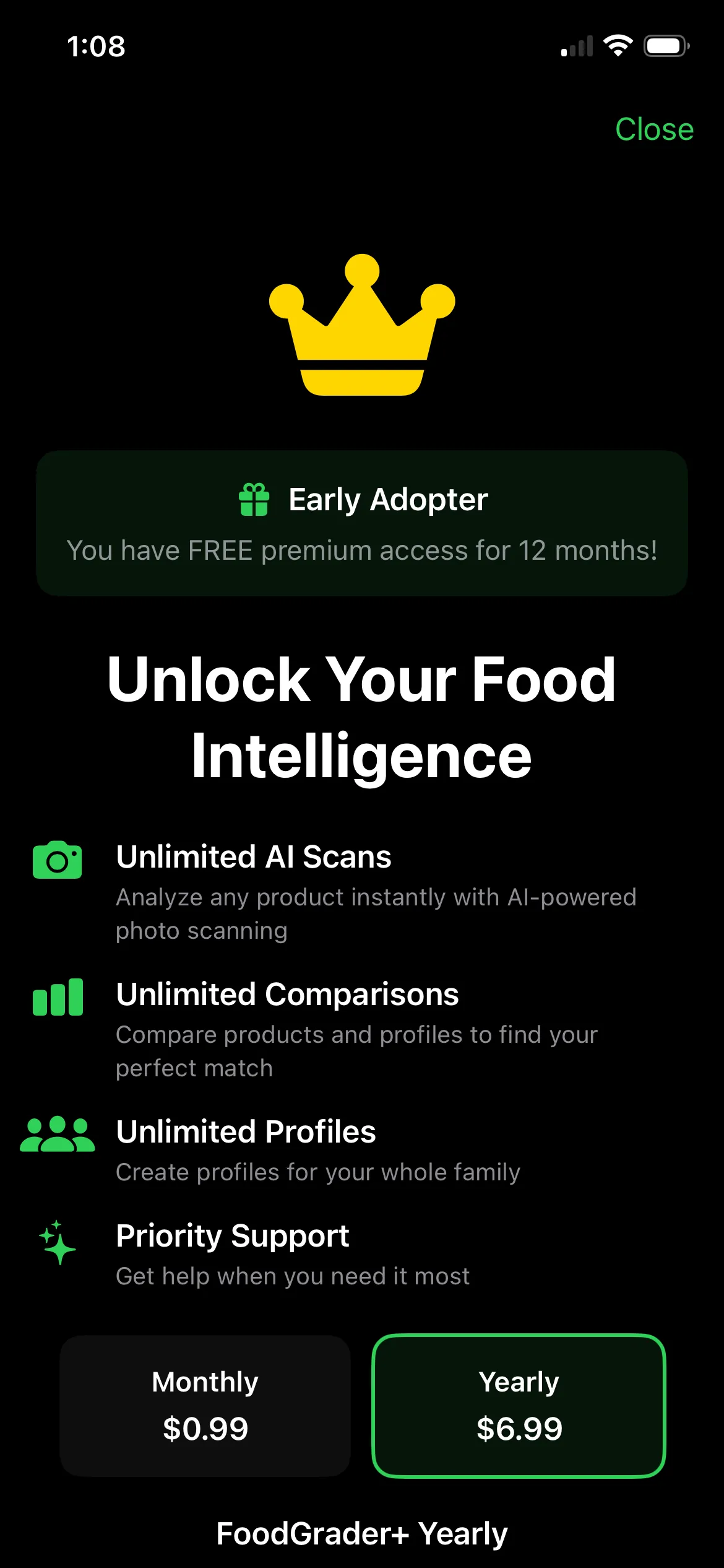 FoodGrader+ premium feature list