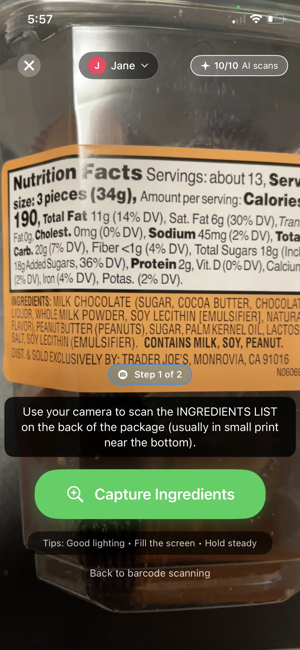 Vision fallback scan extracting nutrition label