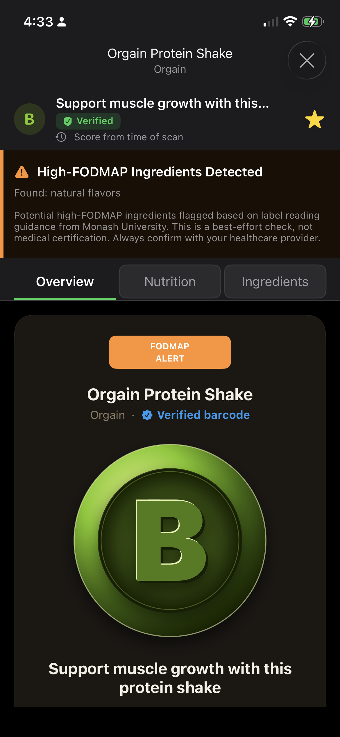 FODMAP alert showing high-FODMAP ingredients detected with natural flavors flagged