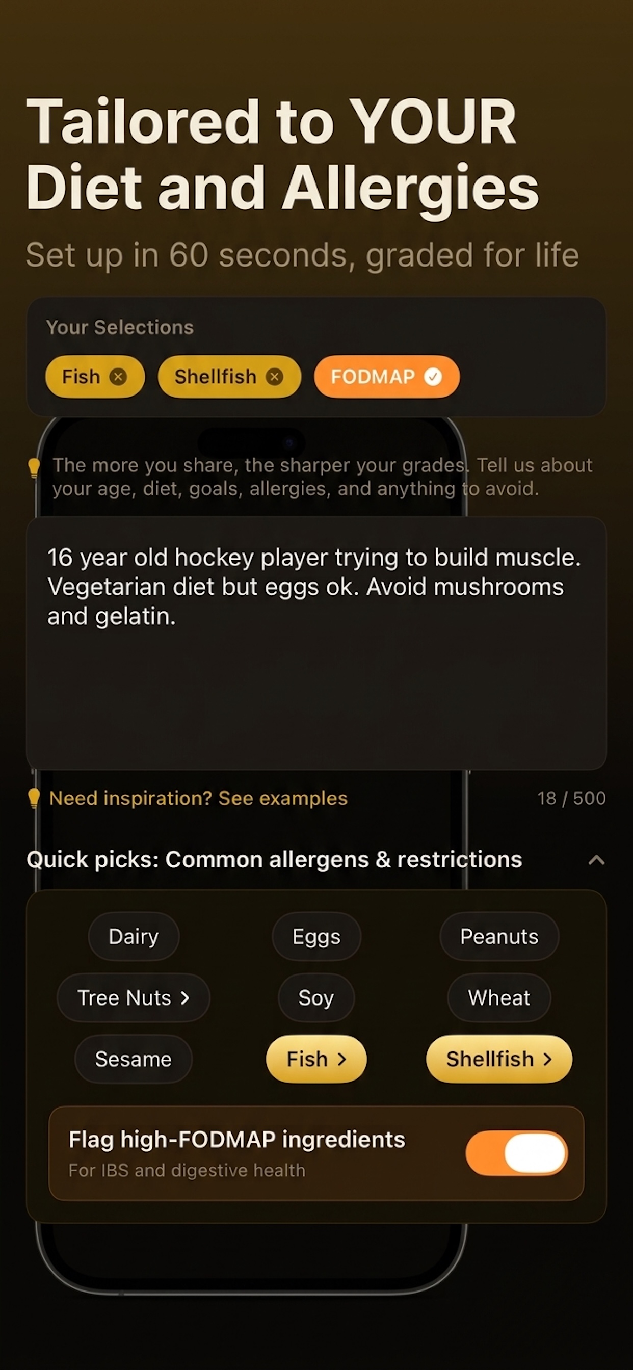Profile setup with allergen selection, FODMAP toggle, and natural language diet description