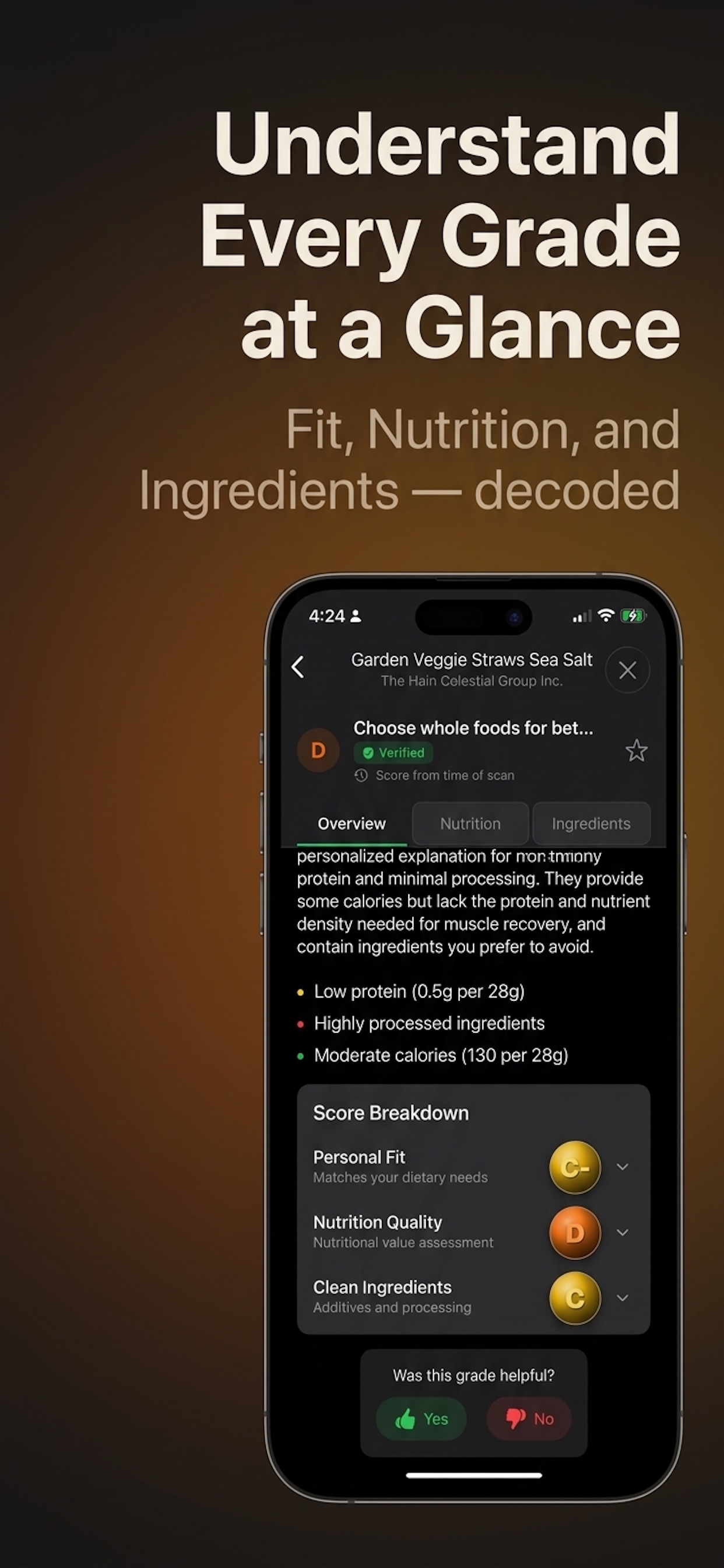 Score breakdown showing Fit, Nutrition, and Ingredients sub-grades